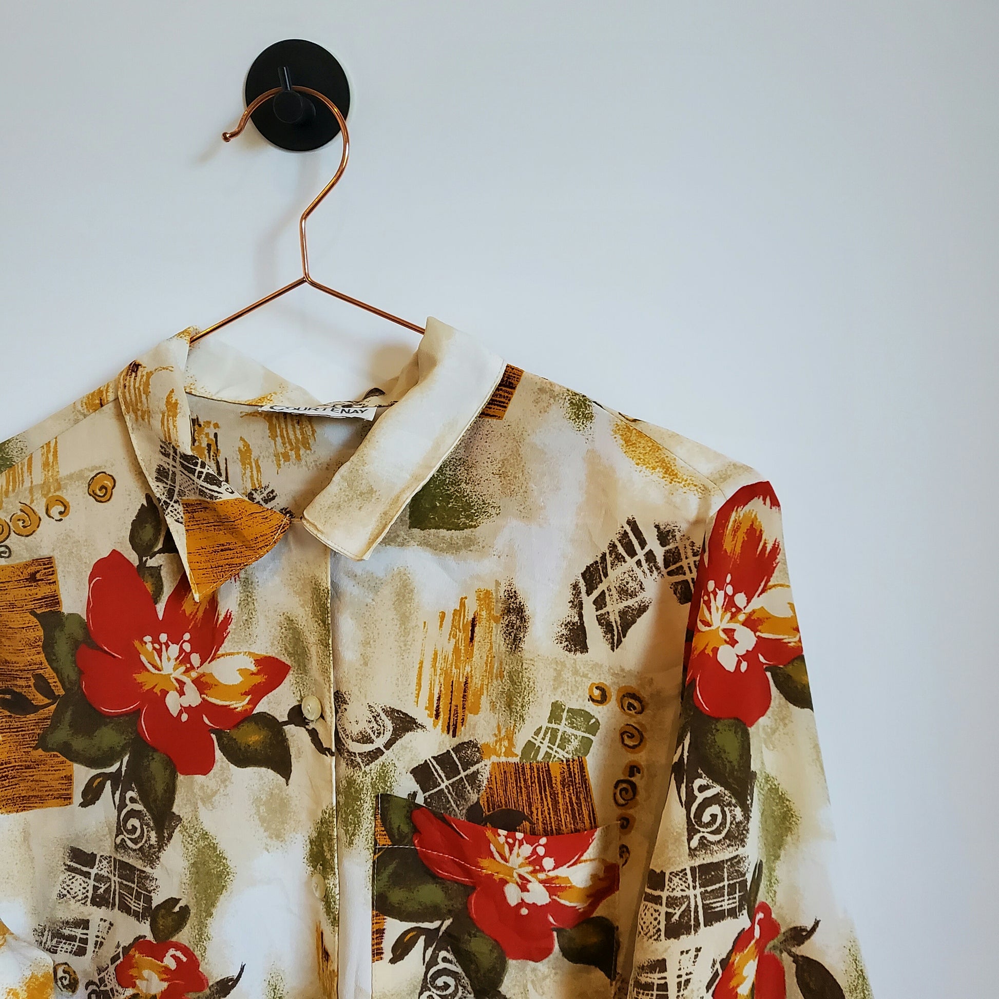 Vintage 90s Floral Blouse Beige and Red Size 8-10