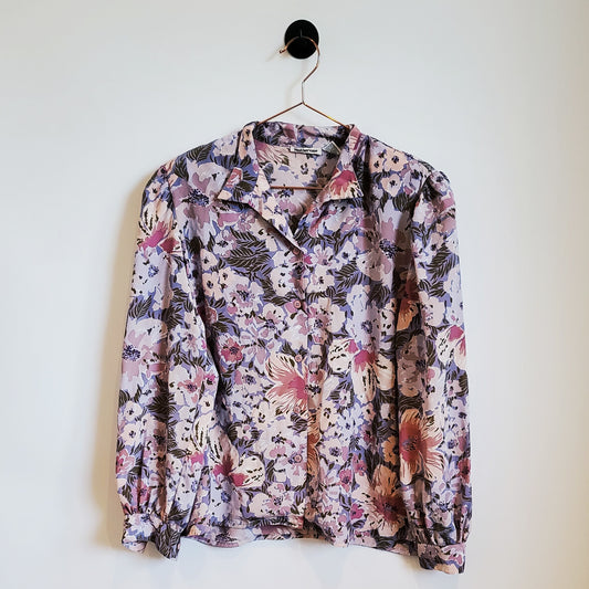 Vintage 80s Floral Blouse Pink Size 10