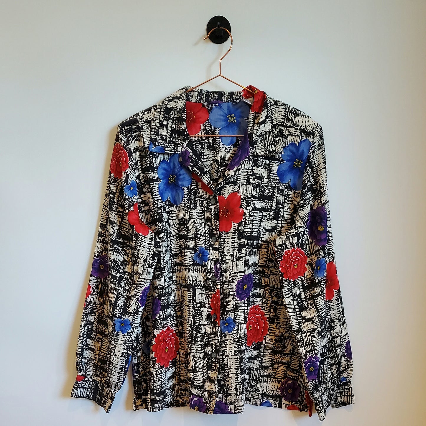 Vintage 80s Floral Blouse Black and White Size 10-12